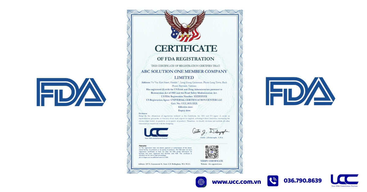 Mẫu giấy chứng nhận FDA thực phẩm
