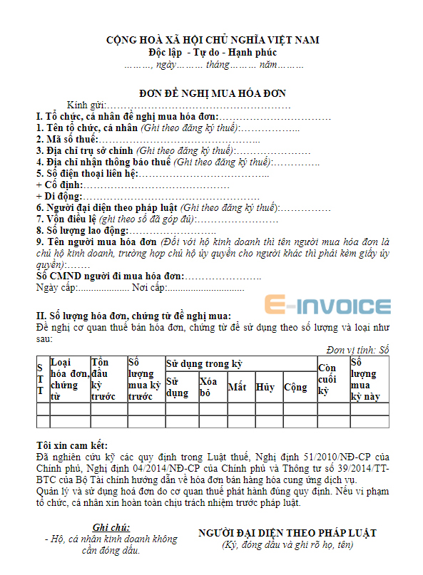 mẫu đơn đề nghi mua hóa đơn mới nhất 2020