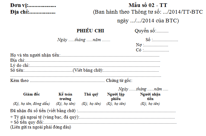 Mẫu phiếu chi theo thông tư 200