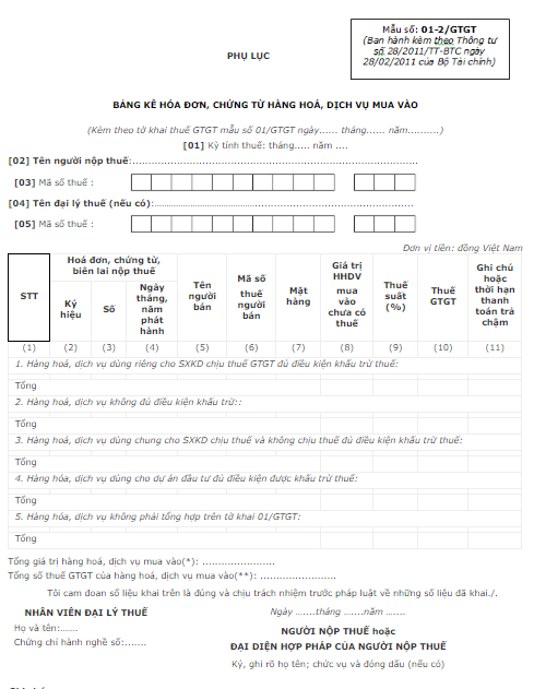 Mẫu kê khai số 01-2/GTGT