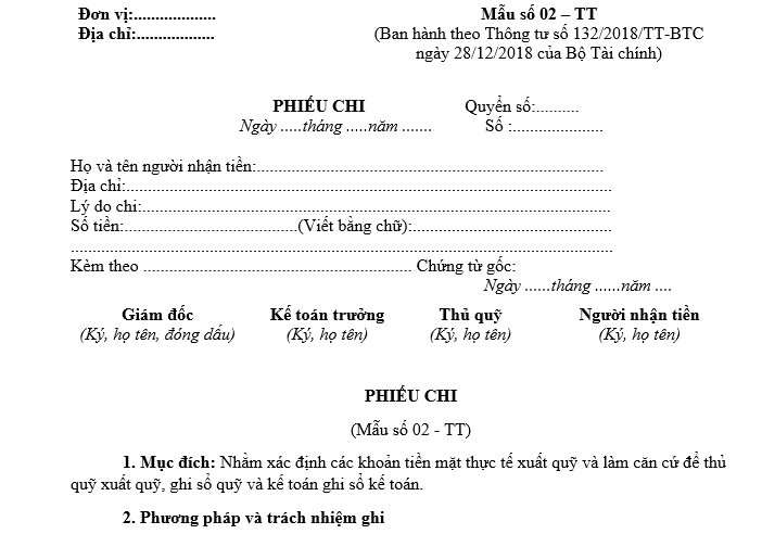 Mẫu phiếu chi theo thông tư 132