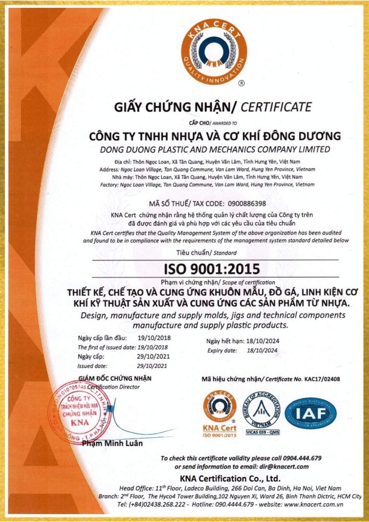 Mẫu giấy chứng nhận ISO 9001