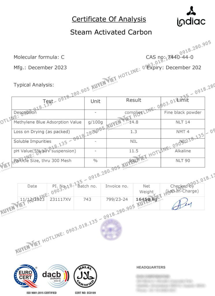 COA than hoat tinh indiac 744x1024 - Than hoạt tính dạng bột - Indiac Ấn Độ