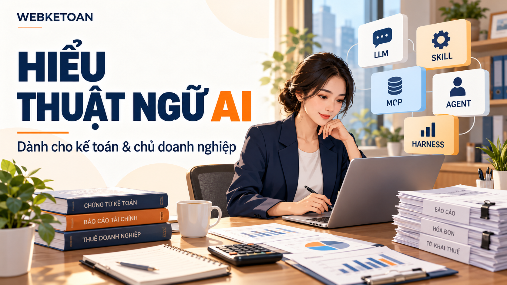 Minh họa người làm kế toán bên laptop cùng các biểu tượng LLM, skill, MCP, agent và harness.
