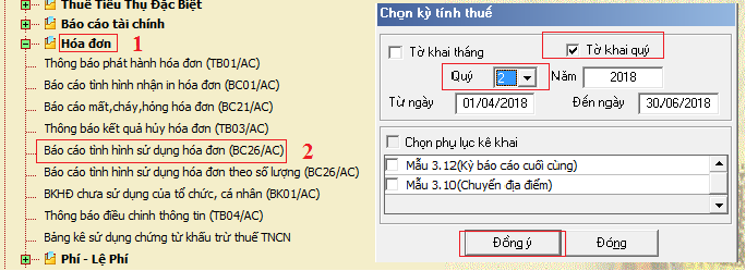 Chọn Báo cáo tình hình sử dụng hóa đơn theo số lượng (BC26/AC)