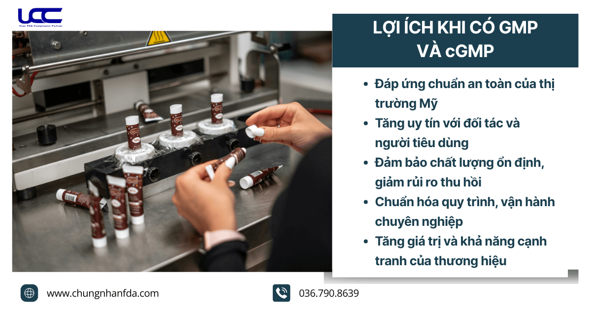 GMP mỹ phẩm và cGMP theo FDA giúp doanh nghiệp đảm bảo chất lượng, an toàn, nâng cao uy tín và khả năng xuất khẩu.