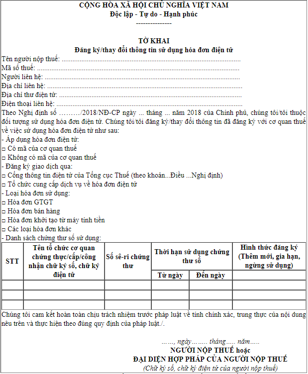 Nội dung Mẫu số 01 ban hành kèm theo Nghị định 119/2018/NĐ-CP