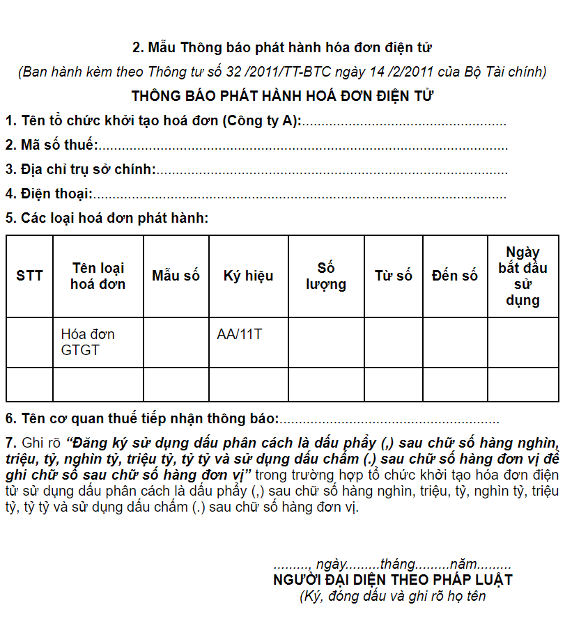 Mẫu thông báo phát hành hóa đơn điện tử của Bộ Tài chính