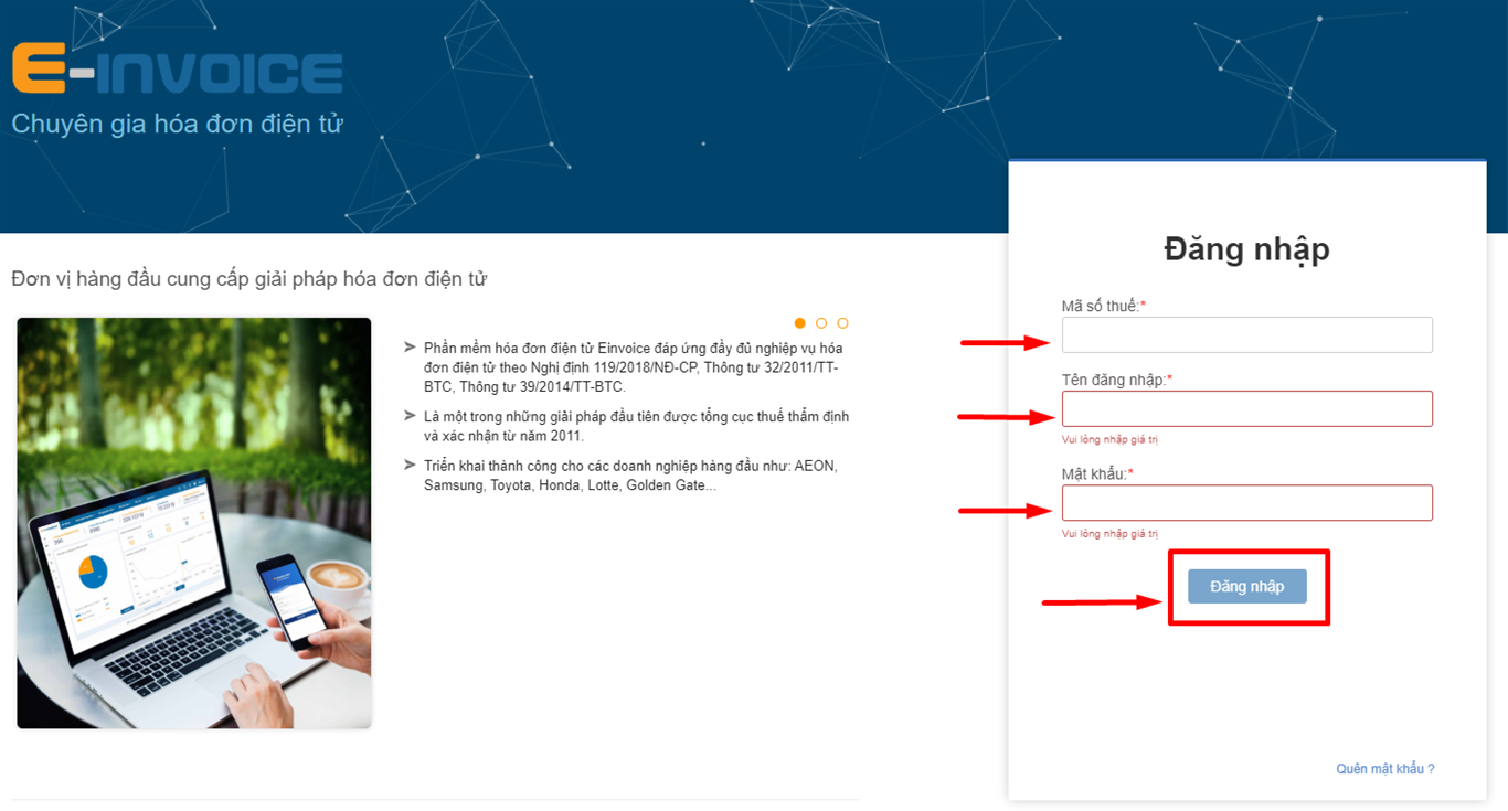 Đăng nhập vào hệ thống phần mềm hóa đơn điện tử doanh nghiệp đang sử dụng
