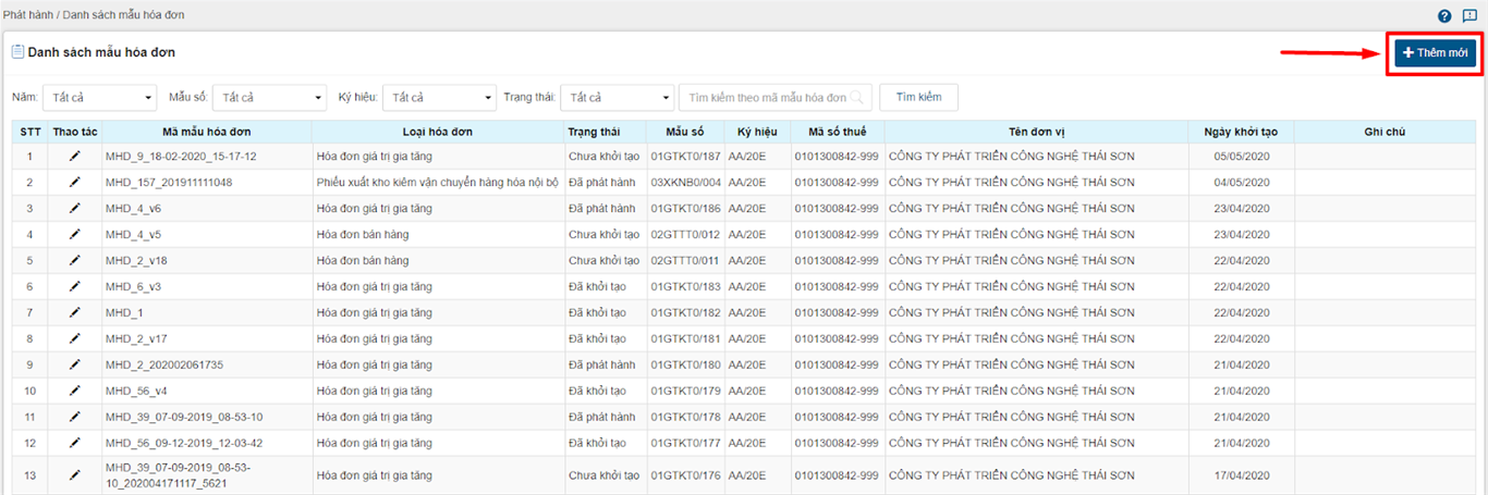 Danh sách mẫu hóa đơn