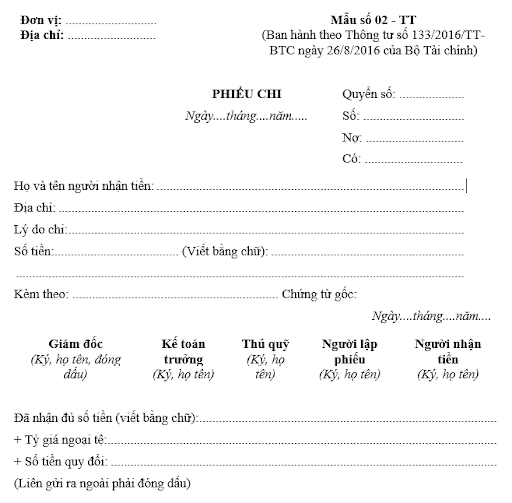 Mẫu phiếu chi theo thông tư 133