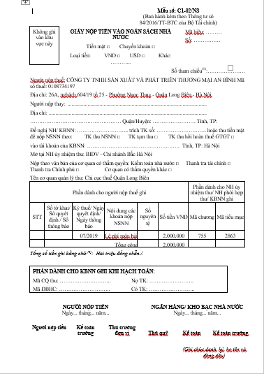 Giấy nộp tiền vào ngân sách nhà nước