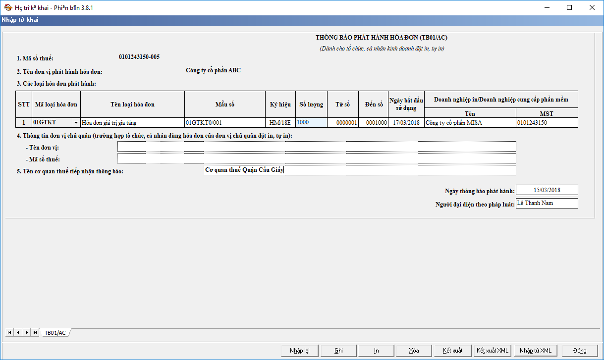 Xuất XML tờ khai Thông báo phát hành hóa đơn (TB01/AC) trên ứng dụng HTKK